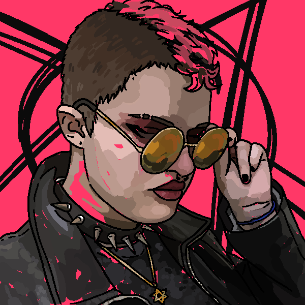 a modified photo of the writer made of digital paint strokes. vae is a pale person with an undercut, the top dyed hot-pink. vae wears round sunglasses that vae is pulling down, a black leather jacket, dark shirt, and magen david.